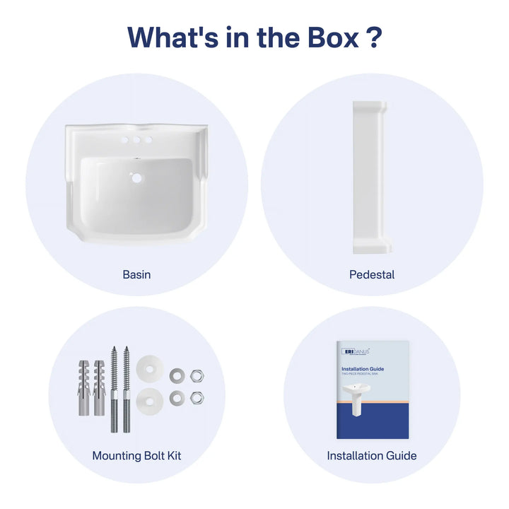 White ceramic basin, pedestal, mounting kit, and guide.