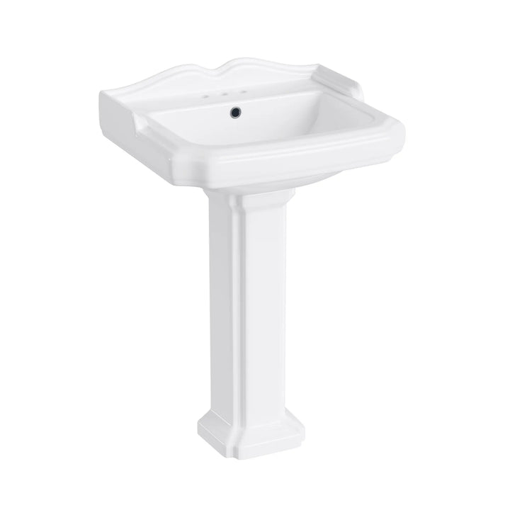 White ceramic pedestal sink with 3-hole faucet drill.