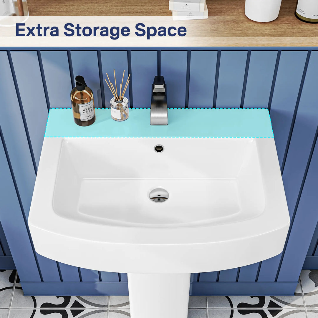 White ceramic sink with wide flat storage ledge