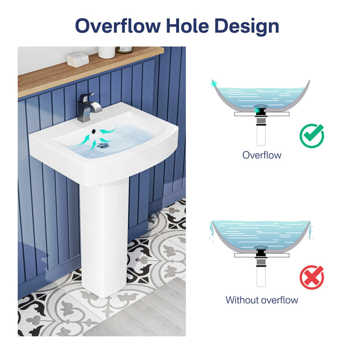 White ceramic pedestal sink with overflow hole design