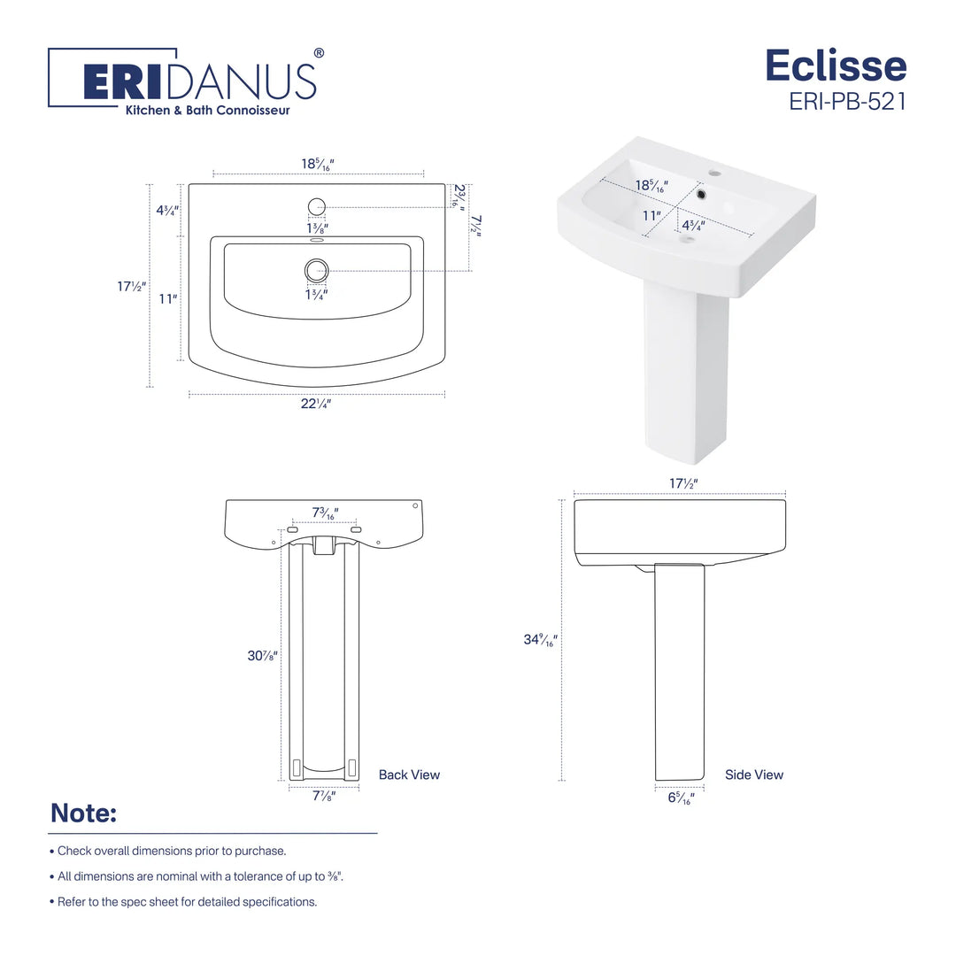 22-inch white ceramic pedestal sink dimensions and size chart