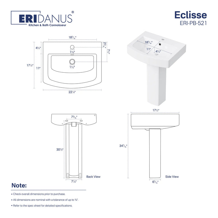 22-inch white ceramic pedestal sink dimensions and size chart