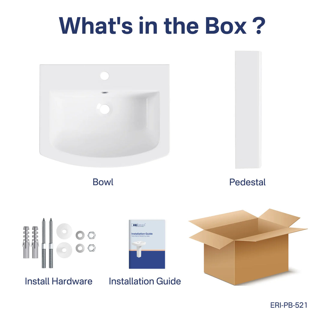 White ceramic sink bowl, pedestal, and installation kit
