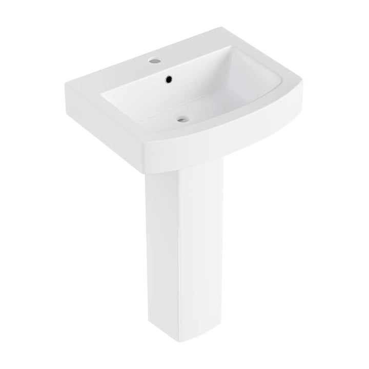 White ceramic pedestal sink with curved front design