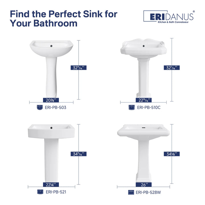 Size comparison of white ceramic pedestal bathroom sinks