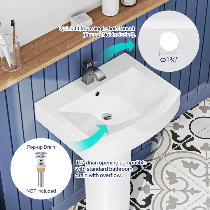 White ceramic sink with 1-3/8" faucet hole and 1-3/4" drain