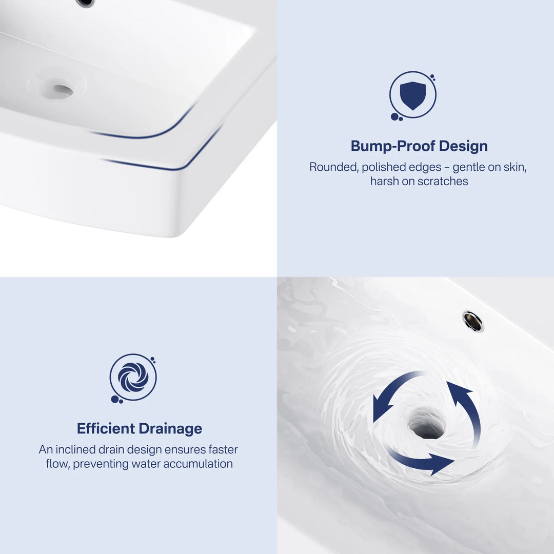 White ceramic sink with rounded edges and efficient drainage
