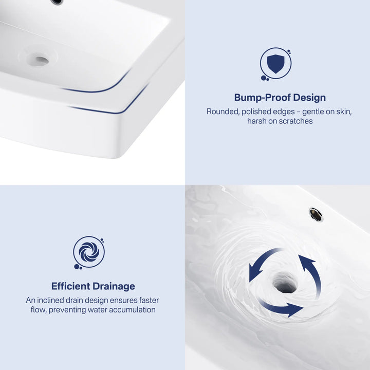 White ceramic sink with rounded edges and efficient drainage