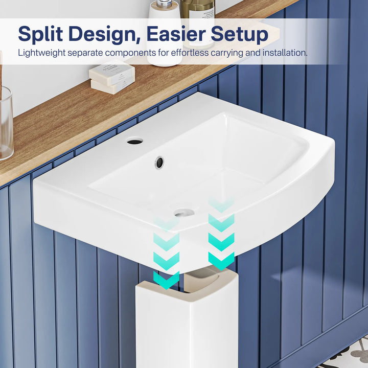 White ceramic split design pedestal sink for easier setup