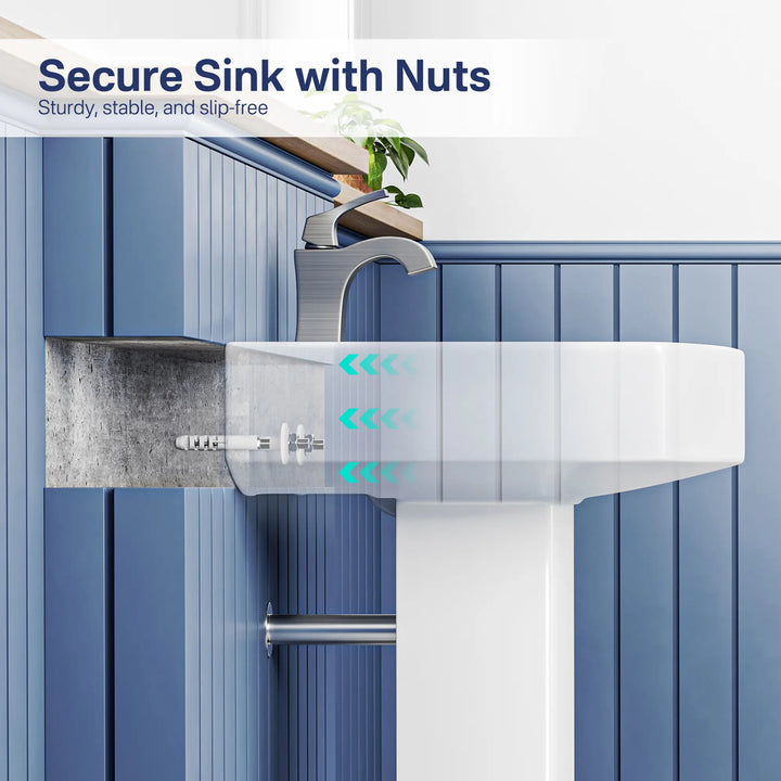 Sturdy wall-mounted white ceramic sink with secure nuts