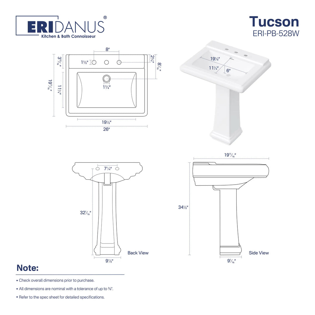 26-inch white ceramic pedestal sink dimension chart