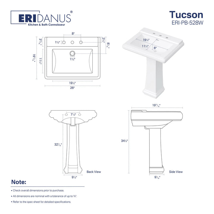 26-inch white ceramic pedestal sink dimension chart