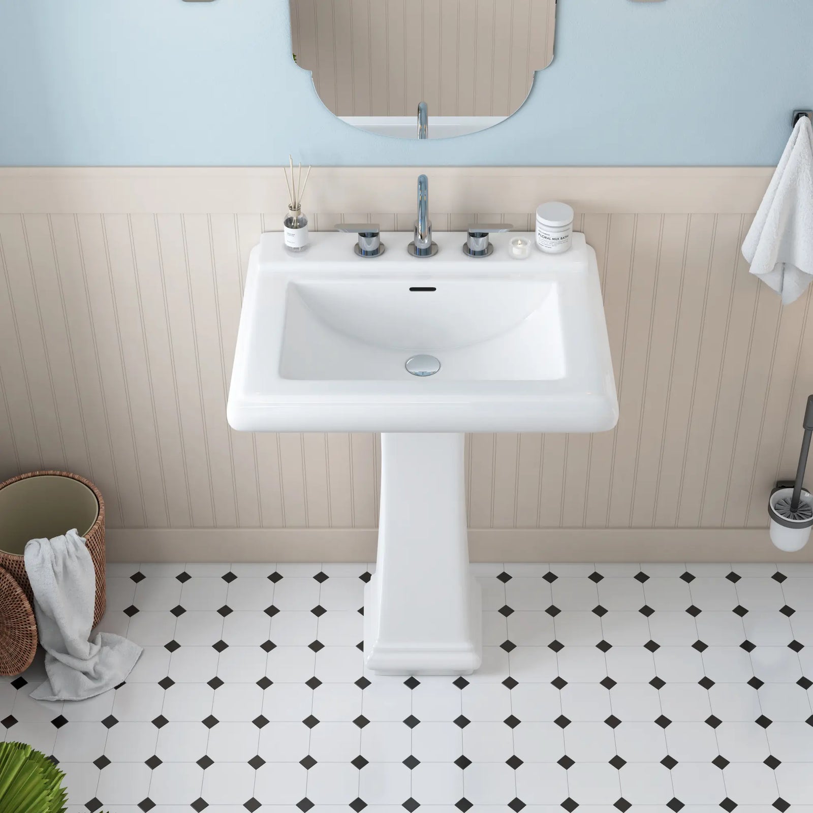 White ceramic pedestal sink with 3-hole faucet mount