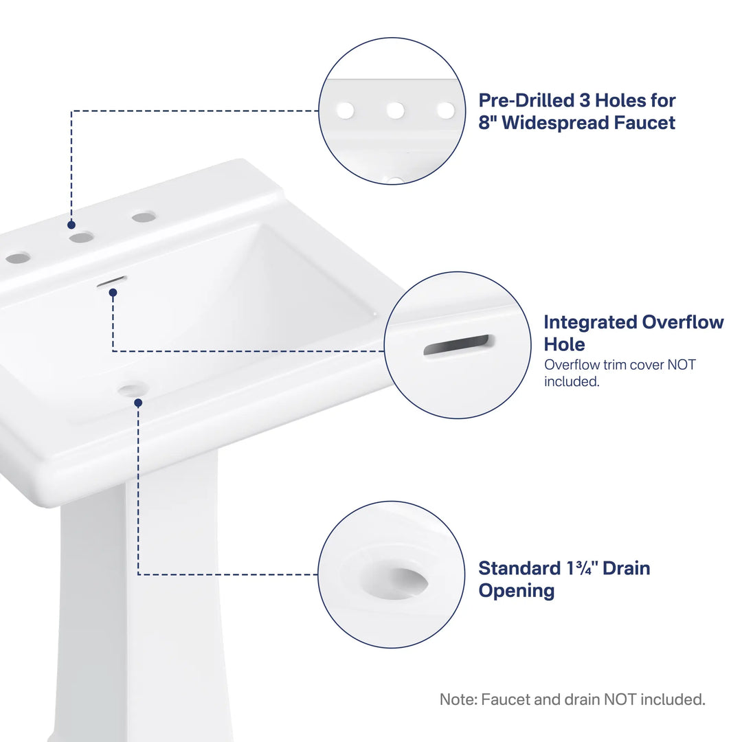 White pedestal sink with 8-inch widespread 3-hole mount