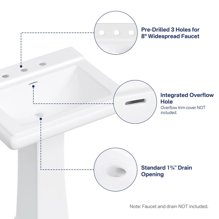 White pedestal sink with 8-inch widespread 3-hole mount
