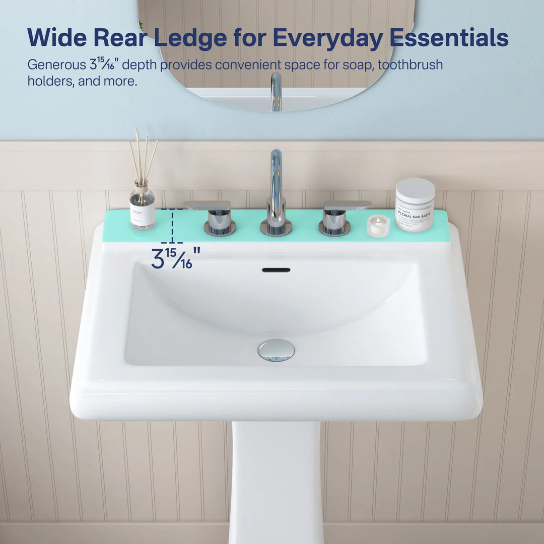 White pedestal sink with 4-inch wide rear storage ledge