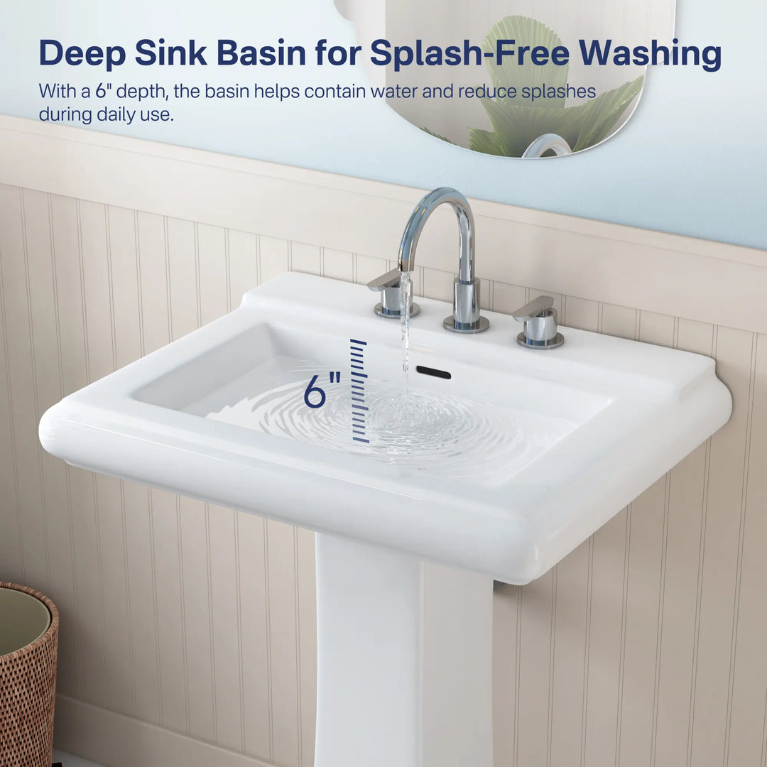 6-inch deep white ceramic pedestal sink basin