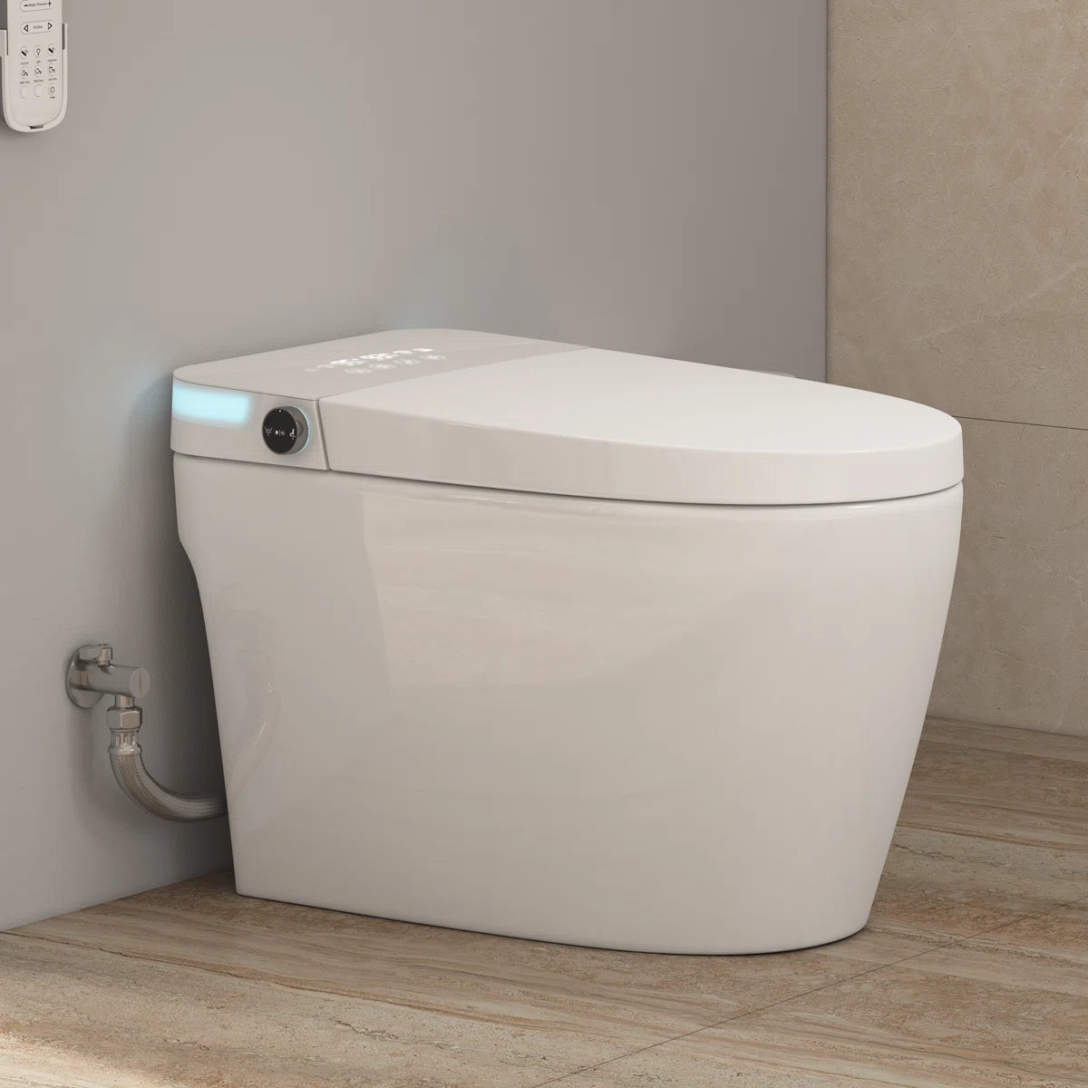 White tankless smart toilet with integrated side knob and LED display.#model_bidet-wash-version