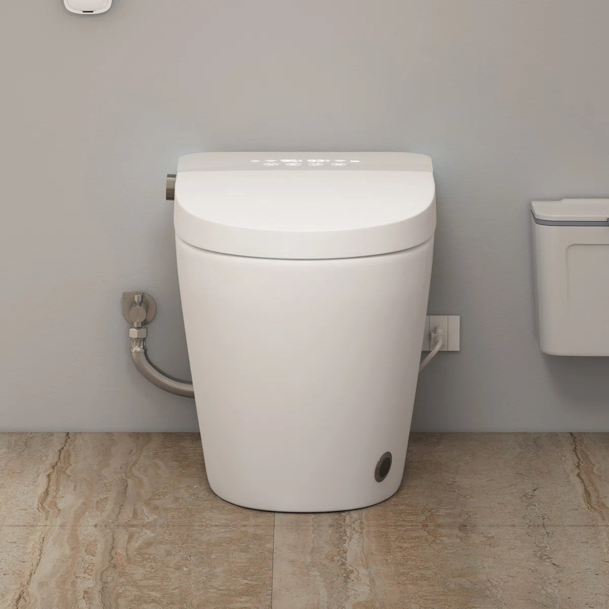 White tankless smart toilet with integrated side knob and LED display.#model_bidet-wash-version