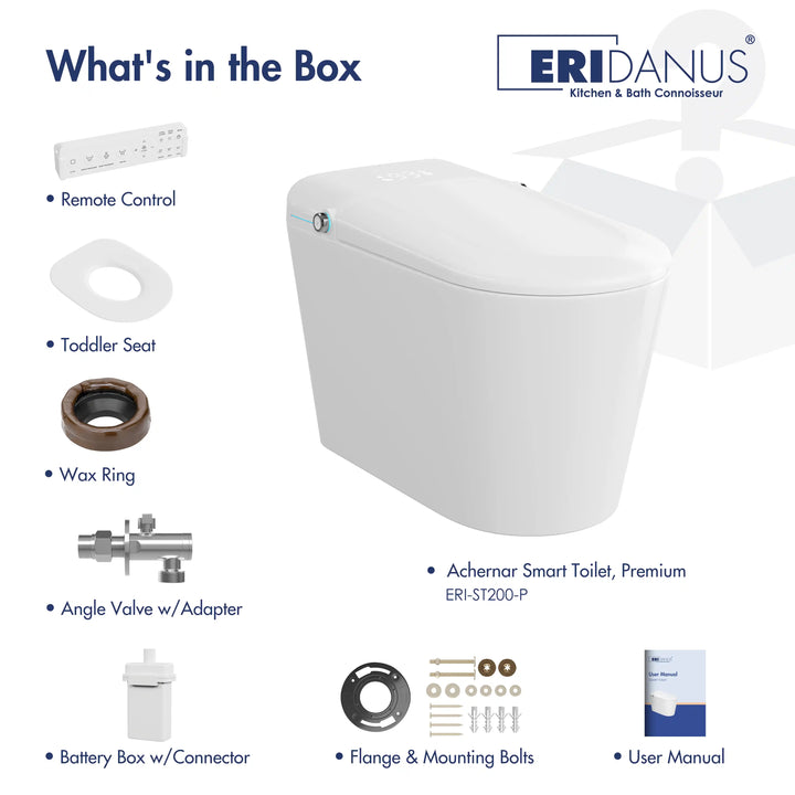 Achernar Elongated Smart Bidet Toilet with Heated Seat, Auto-Open Lid, Auto & Blackout Flush, Night Light (Remote Included)