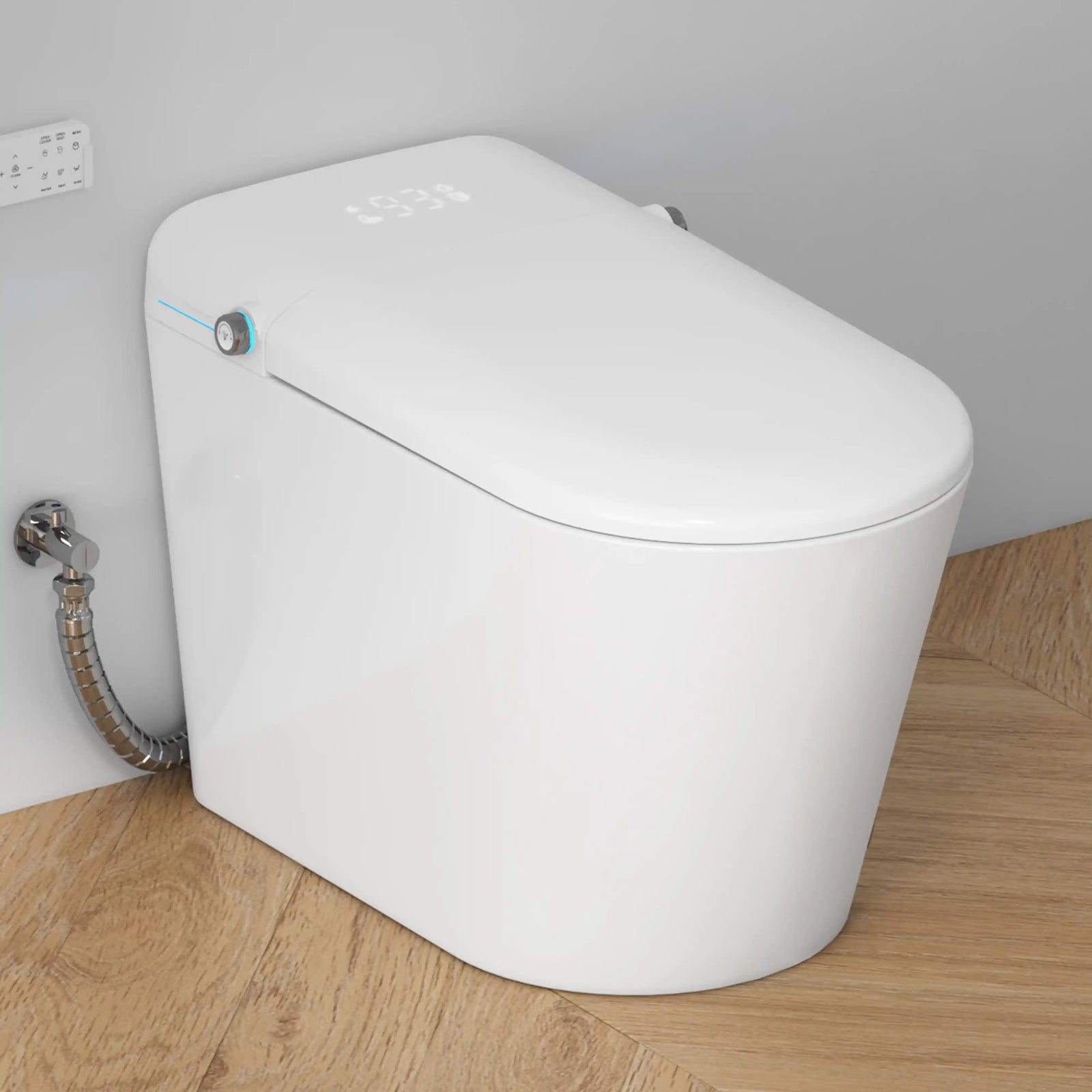 Modern white floor-mounted smart toilet with LED display and side knob.#color_white