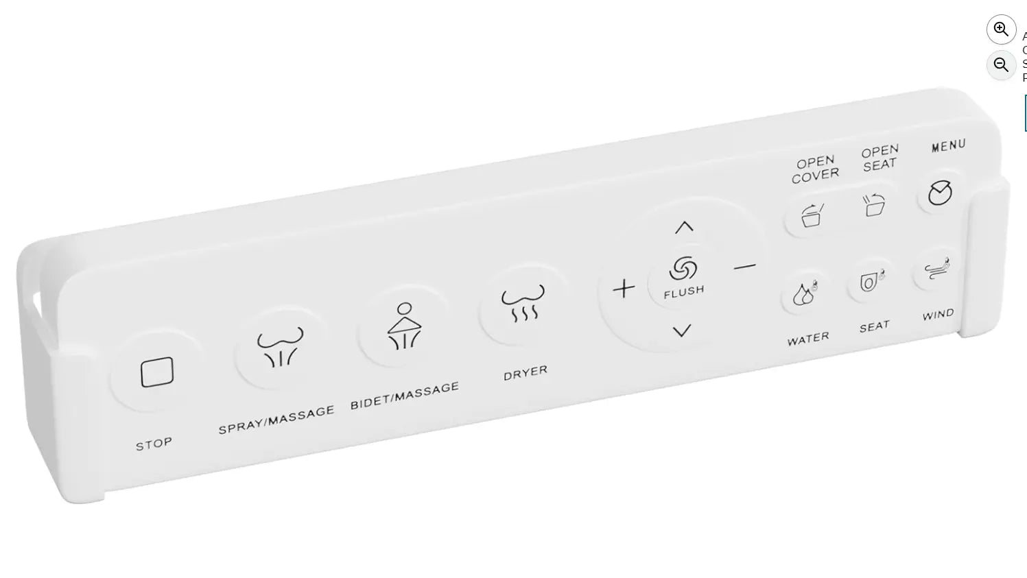 White smart bidet toilet remote control with flush, bidet, dryer and seat adjustment functions