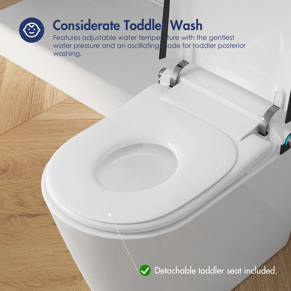 White ceramic smart toilet with detachable toddler seat and considerate toddler wash function with adjustable water temperature