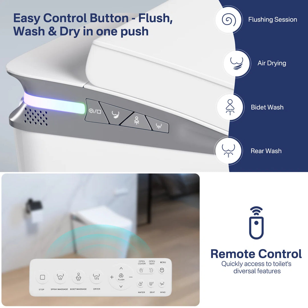 White ceramic smart toilet with side one-touch control panel and remote, supporting flush, wash and dry functions.