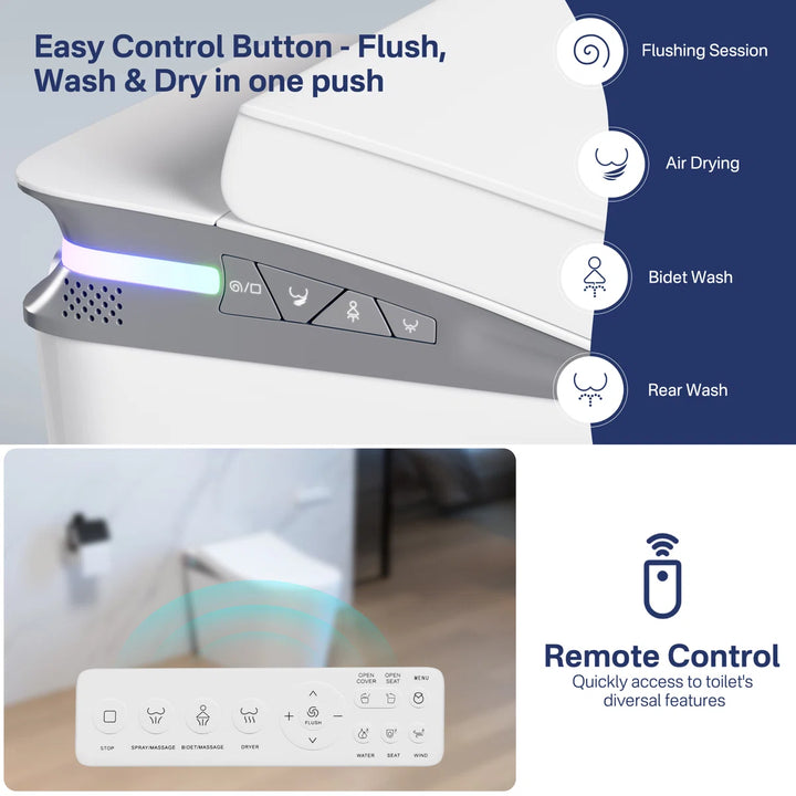 White ceramic smart toilet with side one-touch control panel and remote, supporting flush, wash and dry functions.