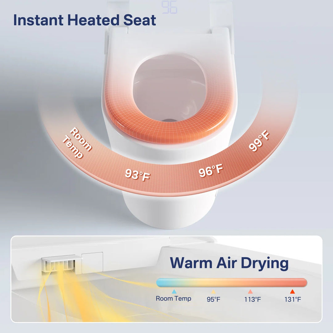 White ceramic smart toilet with adjustable instant heated seat and warm air drying functions.