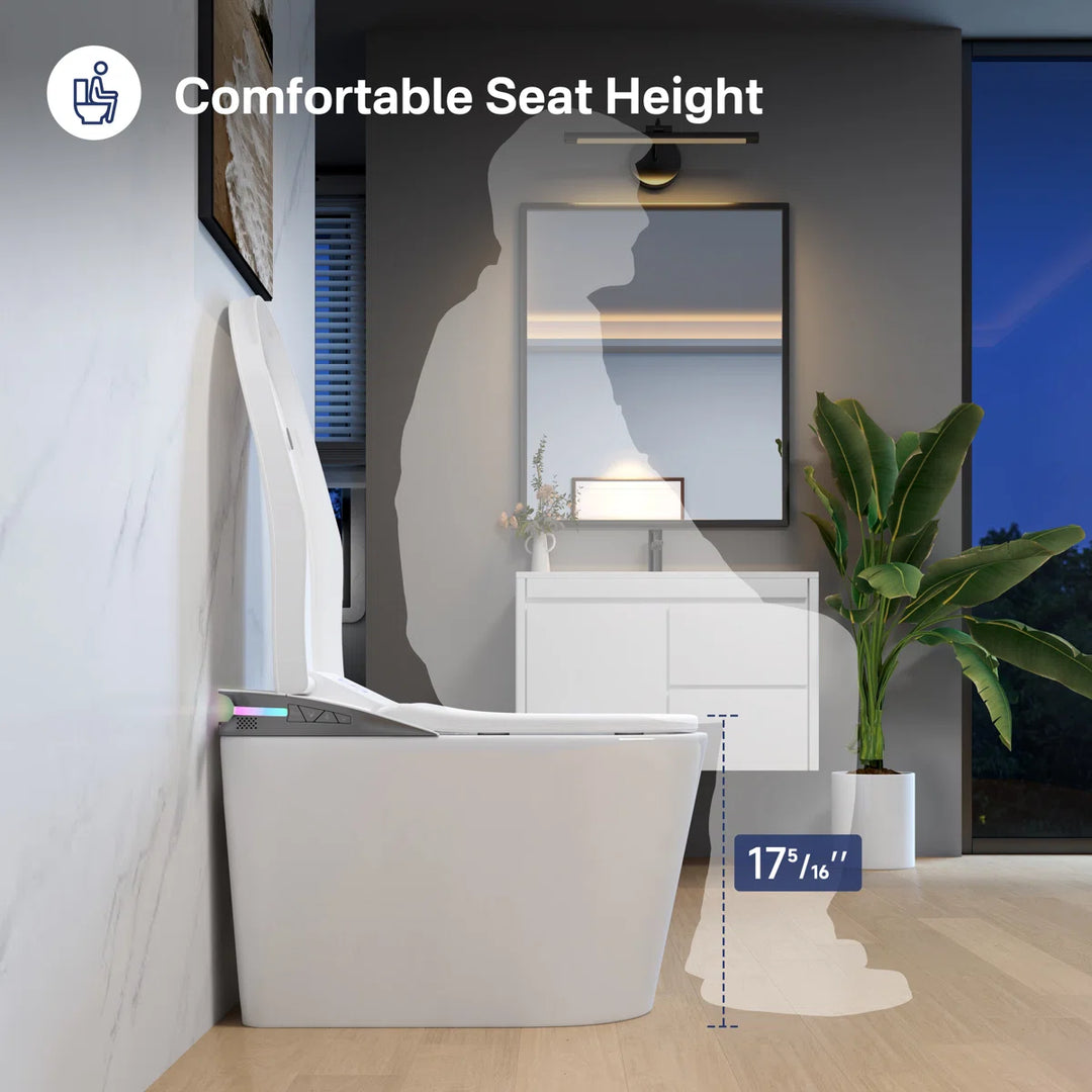 White ceramic smart toilet with comfortable 17 5/16" seat height, modern sleek design.