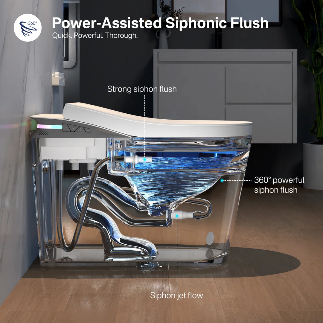 White ceramic smart toilet transparent cutaway showcasing power-assisted siphonic flush with 360° jet flow.