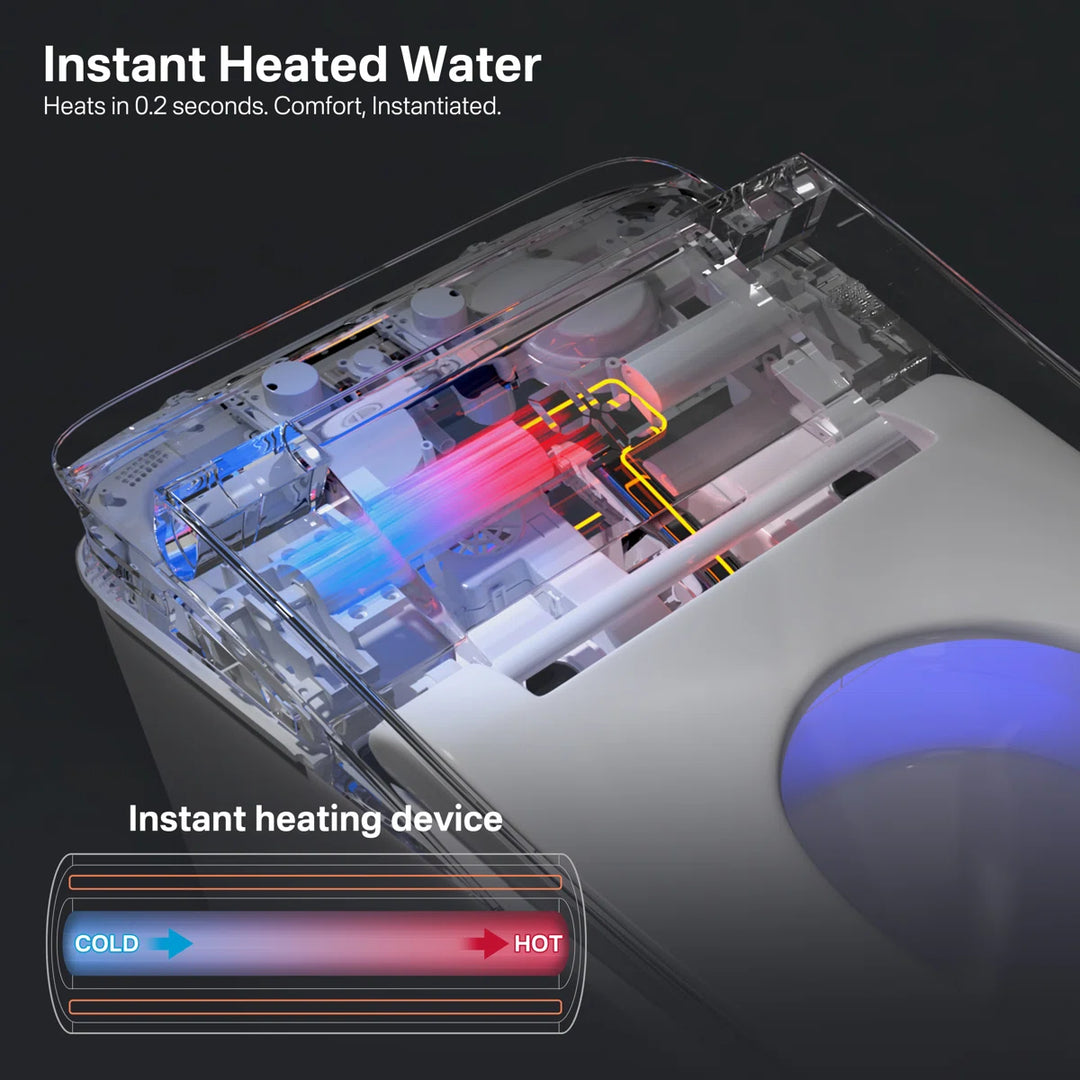 White ceramic smart toilet transparent cutaway showing 0.2-second instant water heating device.