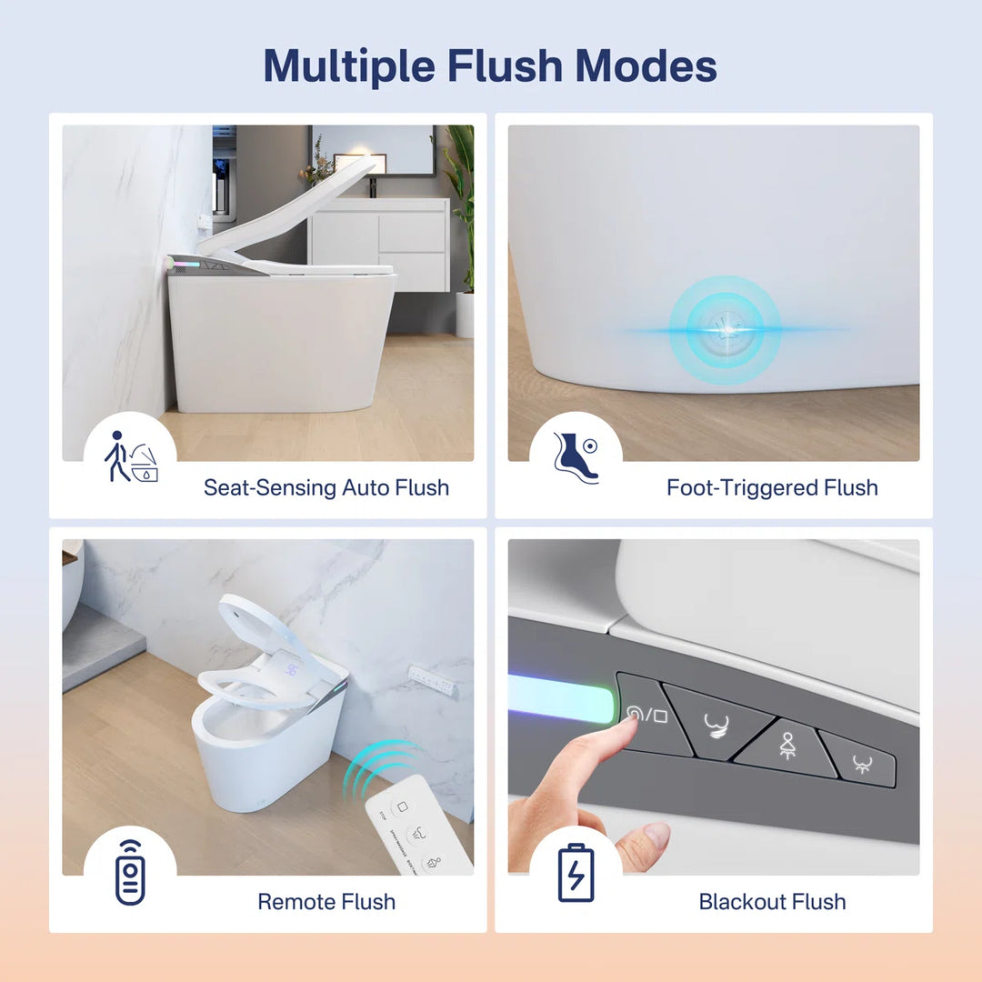 White ceramic smart toilet with 4 flush modes: seat-sensing, foot-triggered, remote and blackout flush.