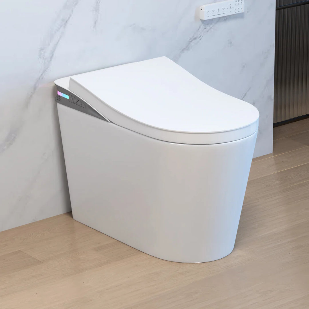 White ceramic one-piece smart toilet with side control panel and ambient light, sleek modern design.
