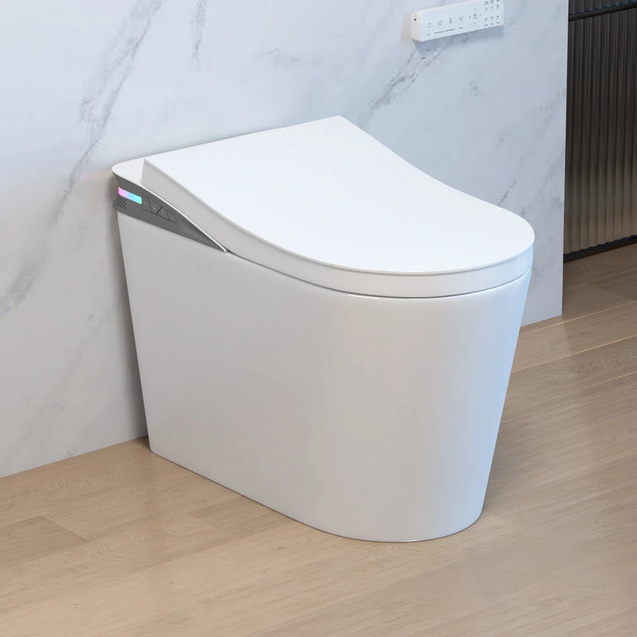 White ceramic one-piece smart toilet with side control panel and ambient light, sleek modern design.