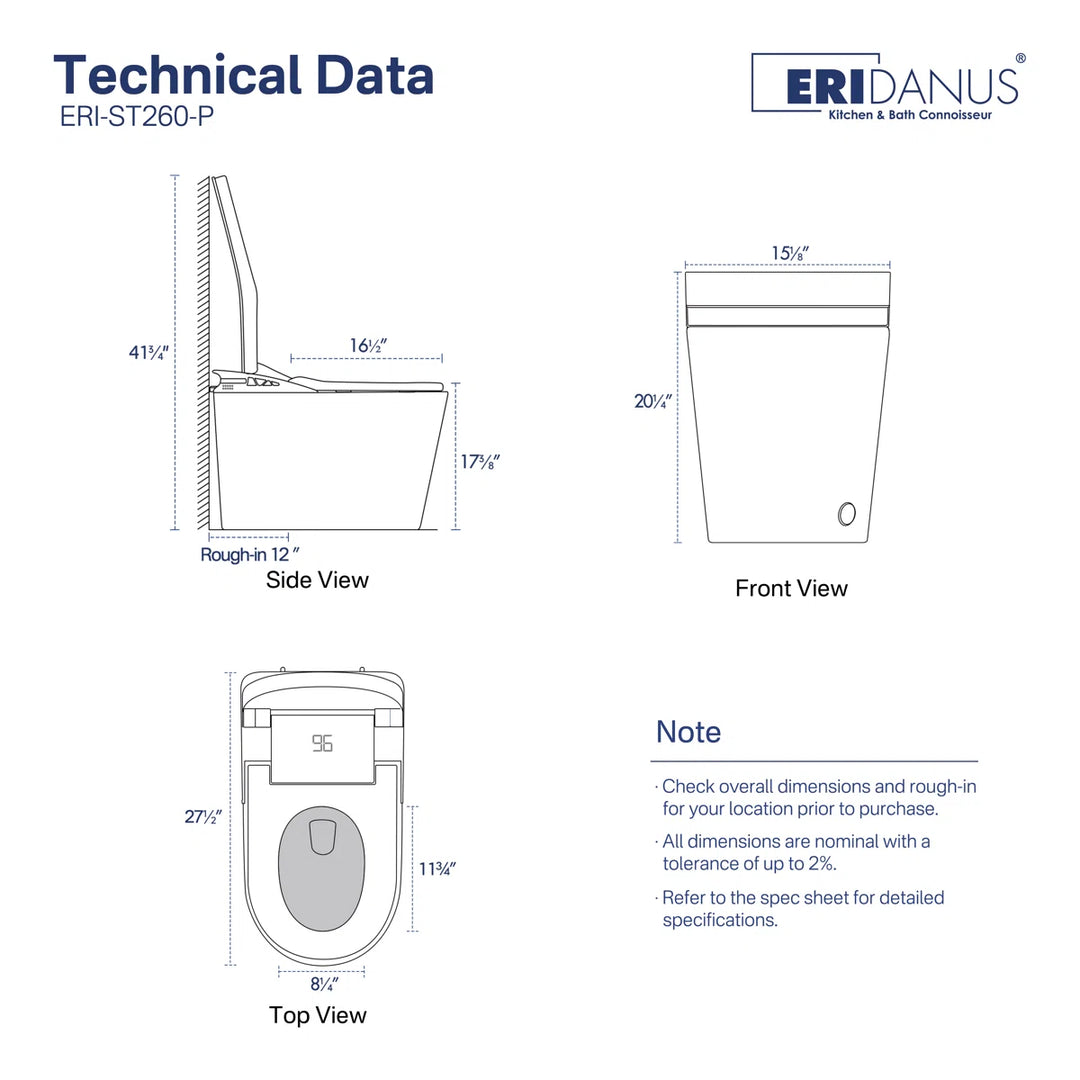 ERIDANUS ERI-ST260-P smart toilet technical drawing with multi-view dimension specifications.