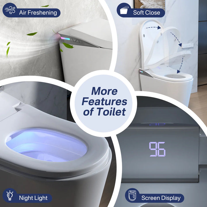 White ceramic smart toilet with air freshening, soft-close seat, night light and digital screen display.