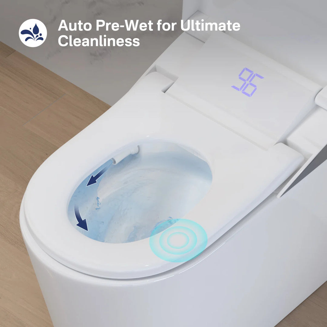 White ceramic smart toilet with auto pre-wet function and top digital display for enhanced cleanliness.