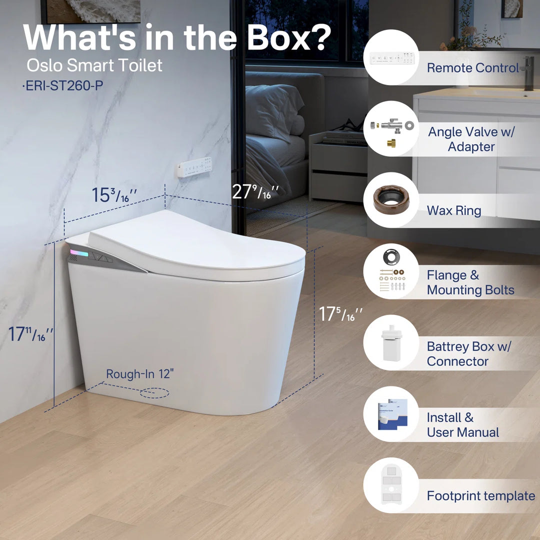 Oslo ERI-ST260-P white smart toilet with dimensions and complete installation accessories.