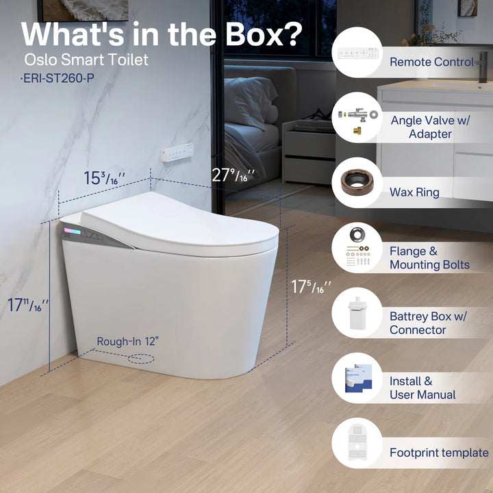 Oslo ERI-ST260-P white smart toilet with dimensions and complete installation accessories.