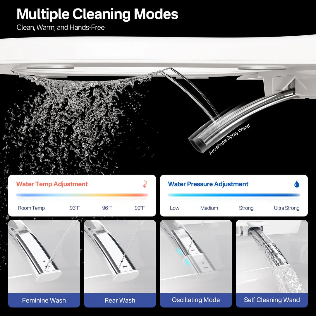 White smart toilet with arc spray wand, multiple cleaning modes & adjustable water temp/pressure.