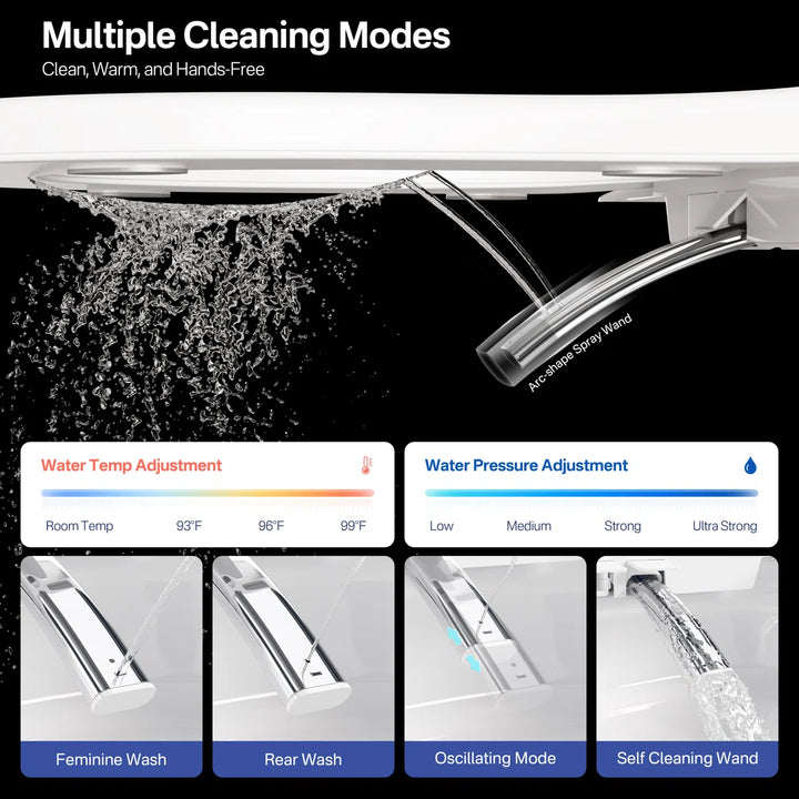 White smart toilet with arc spray wand, multiple cleaning modes & adjustable water temp/pressure.