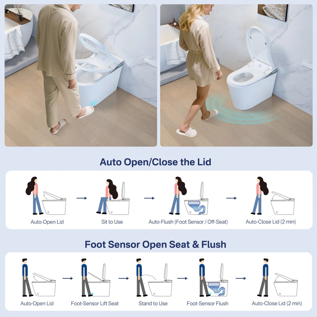 White ceramic smart toilet with auto lid open/close, foot sensor seat lift and flush functions.