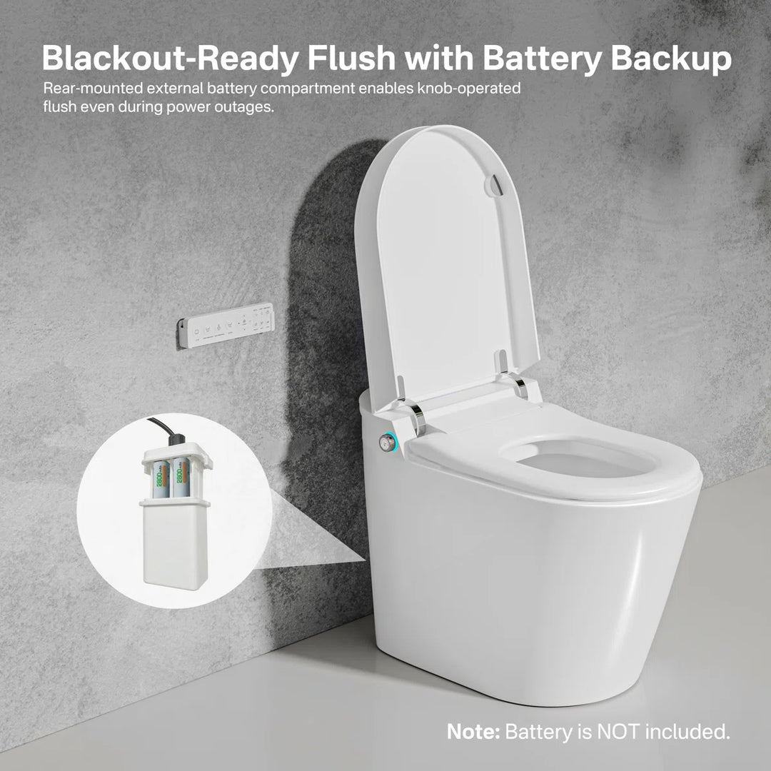 White ceramic one-piece smart toilet with battery backup flush and side knob operation for power outages.