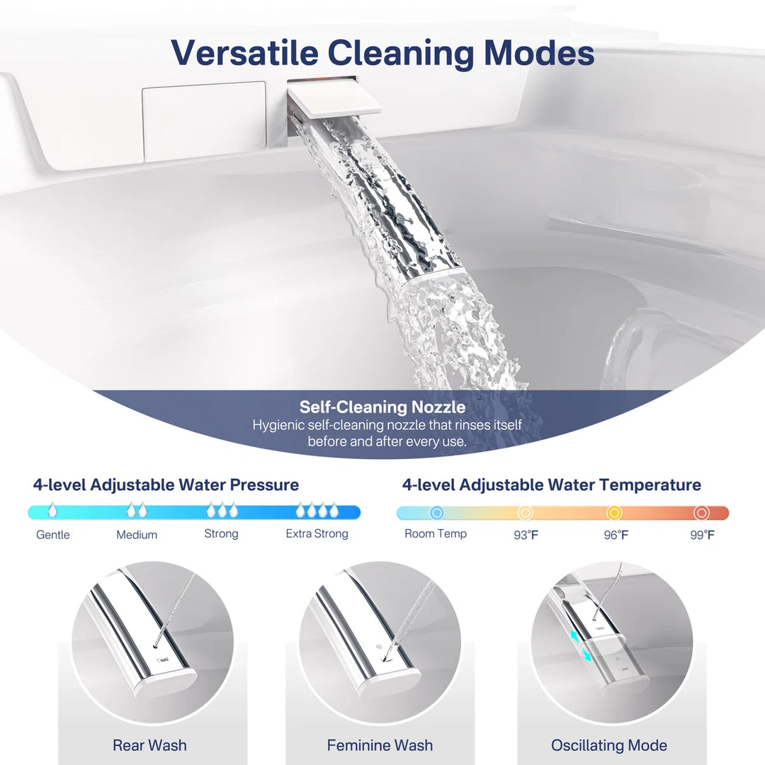 Self-cleaning chrome nozzle of white smart toilet with versatile cleaning modes, adjustable water pressure and temperature.