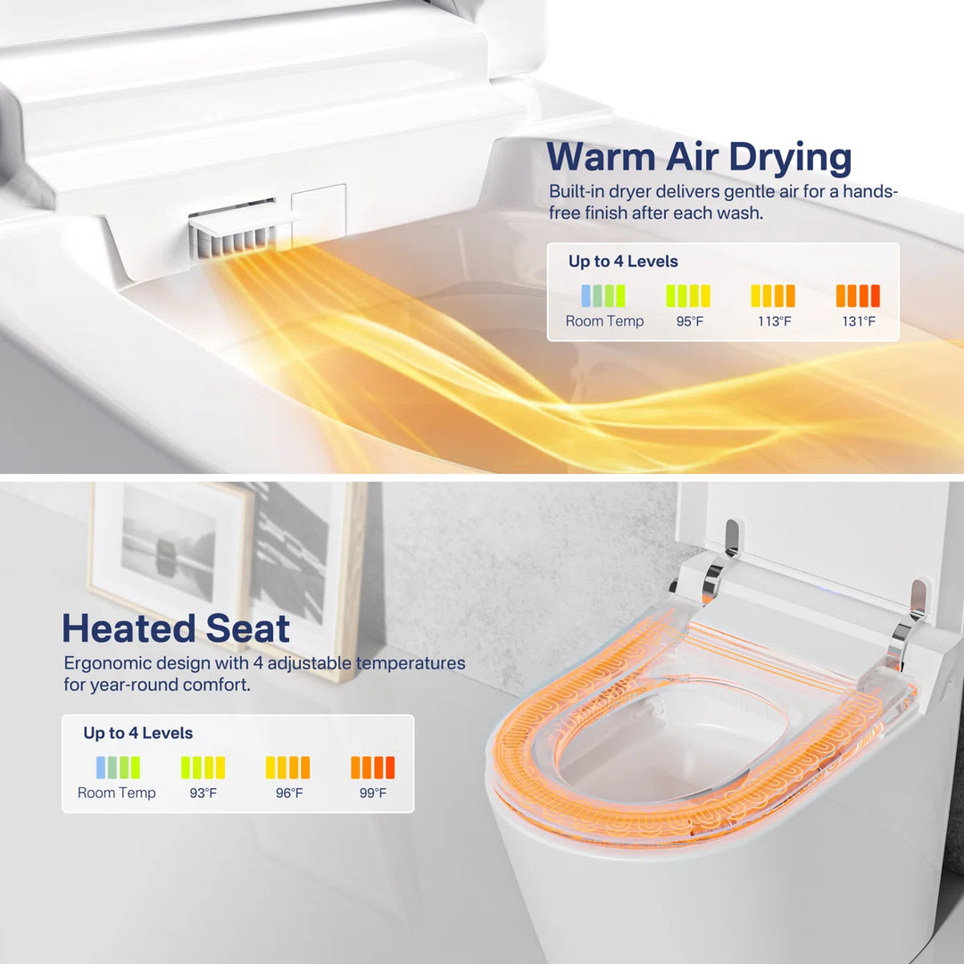 White ceramic smart toilet with 4-level adjustable warm air drying and ergonomic heated seat functions.