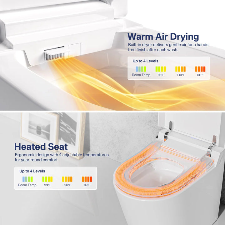 White ceramic smart toilet with 4-level adjustable warm air drying and ergonomic heated seat functions.