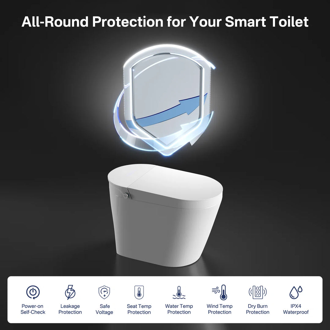 White one-piece smart toilet with all-round safety protections including leakage protection and IPX4 waterproof.