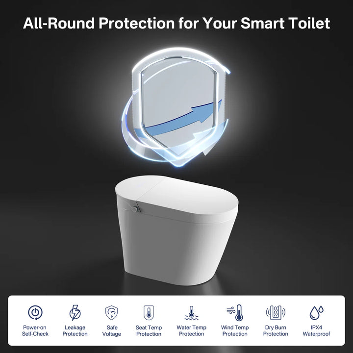 White one-piece smart toilet with all-round safety protections including leakage protection and IPX4 waterproof.
